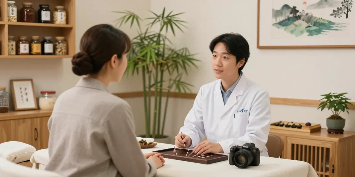 Consultation at 수원한의원 with a practitioner and patient in a serene wellness environment.
