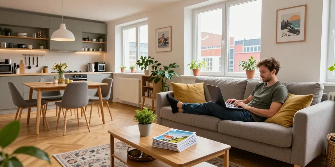 Monteurzimmer Hannover: Gemütliche Wohnung mit modernem Wohnzimmer und Stadtblick.