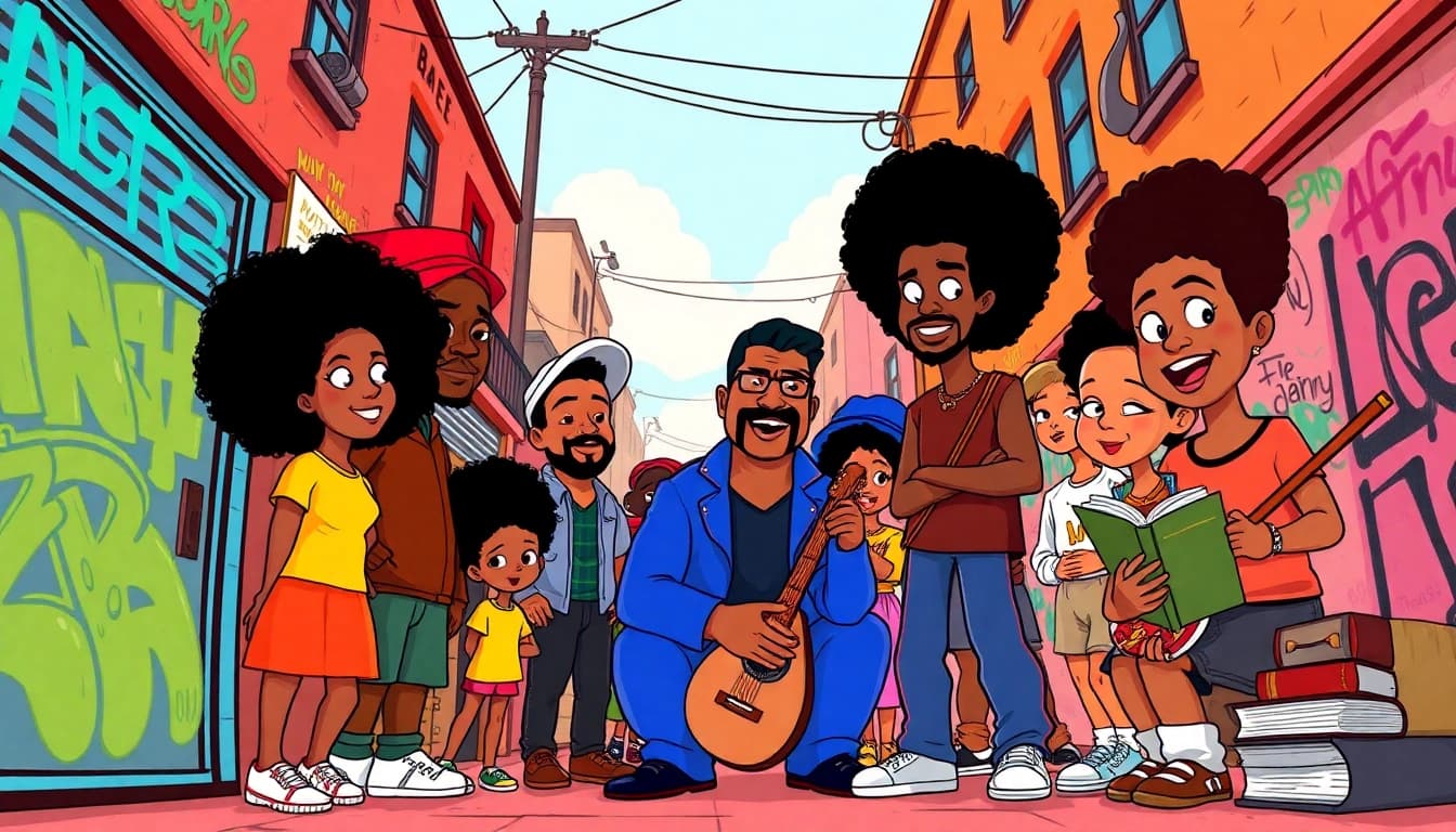 Celebrating African American Cartoons with iconic characters in a vibrant urban scene.