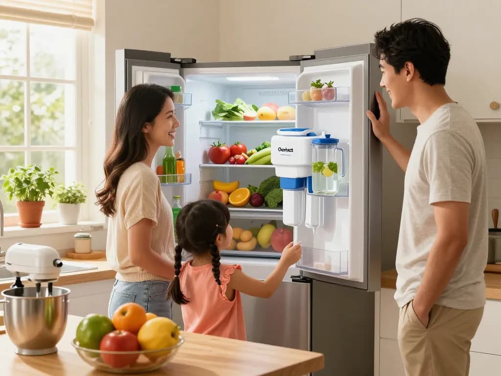 Family enjoying benefits of Overbest DA29-00020B Refrigerator Water Filter in cheerful kitchen.