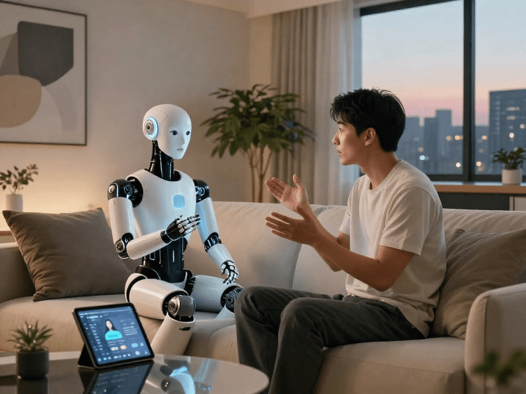 Engaging with a humanoid sex bot in a stylish living space, showcasing AI companionship.