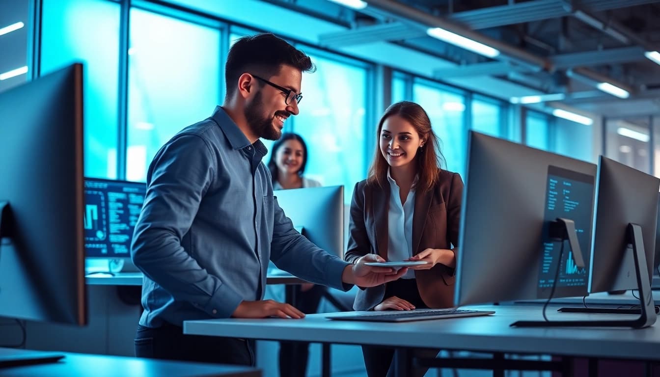 Showcase an enterprise assistant platform enhancing team productivity with digital interfaces in a modern office.