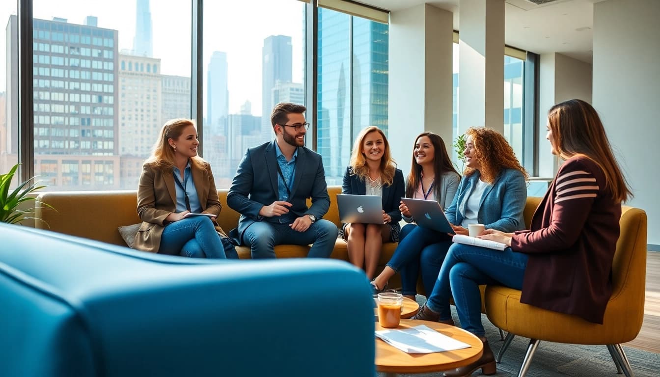 Job seekers discussing Chicago jobs in a modern office setting.