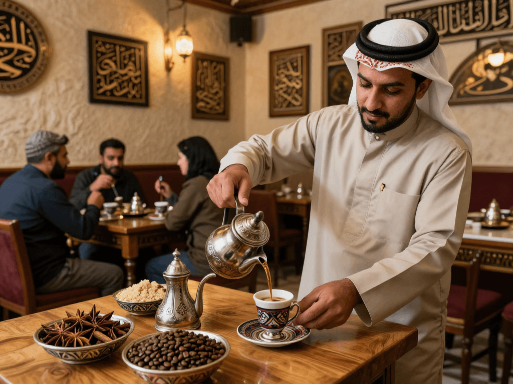 فنجان قهوة قھوجیین يجسد التقليد العربي في مقهى دافئ مع طاولة خشبية وأجواء حيوية.