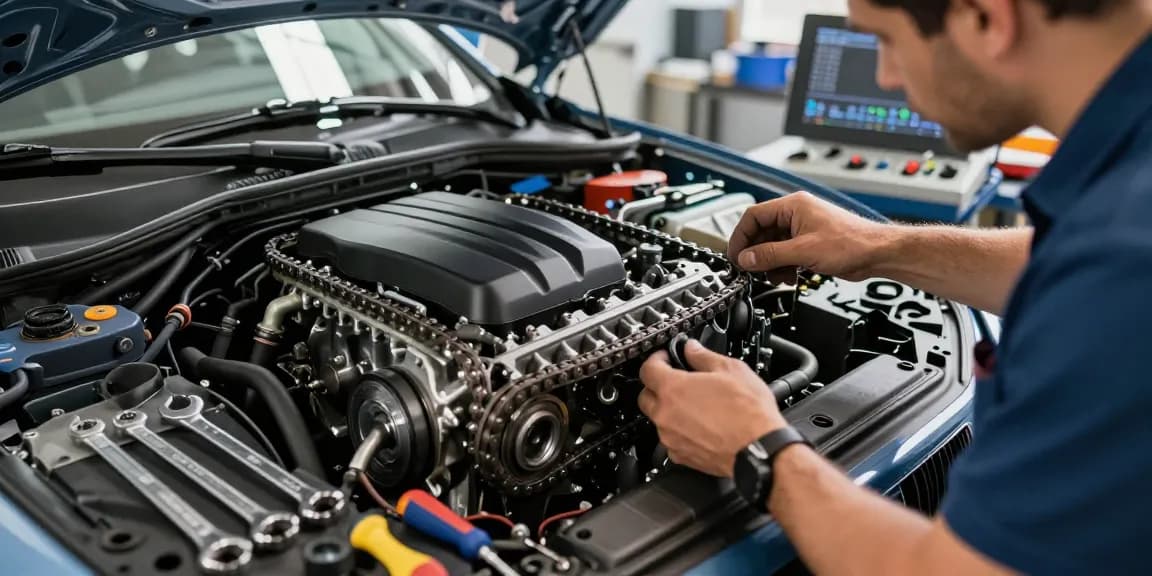 Professioneller Techniker beim BMW steuerkette wechseln in moderner Werkstatt.
