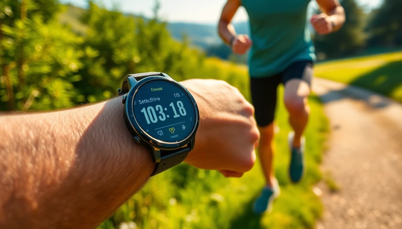 Showcasing the Finesse Smart Watch on a jogger's wrist, highlighting its sleek design and fitness features.