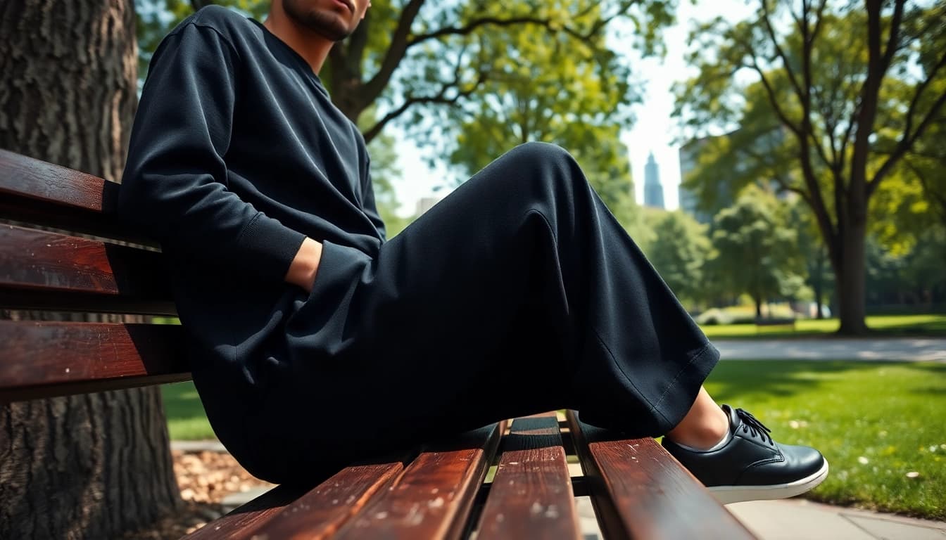 Model enjoying leisure time in black baggy sweatpants at an urban park.