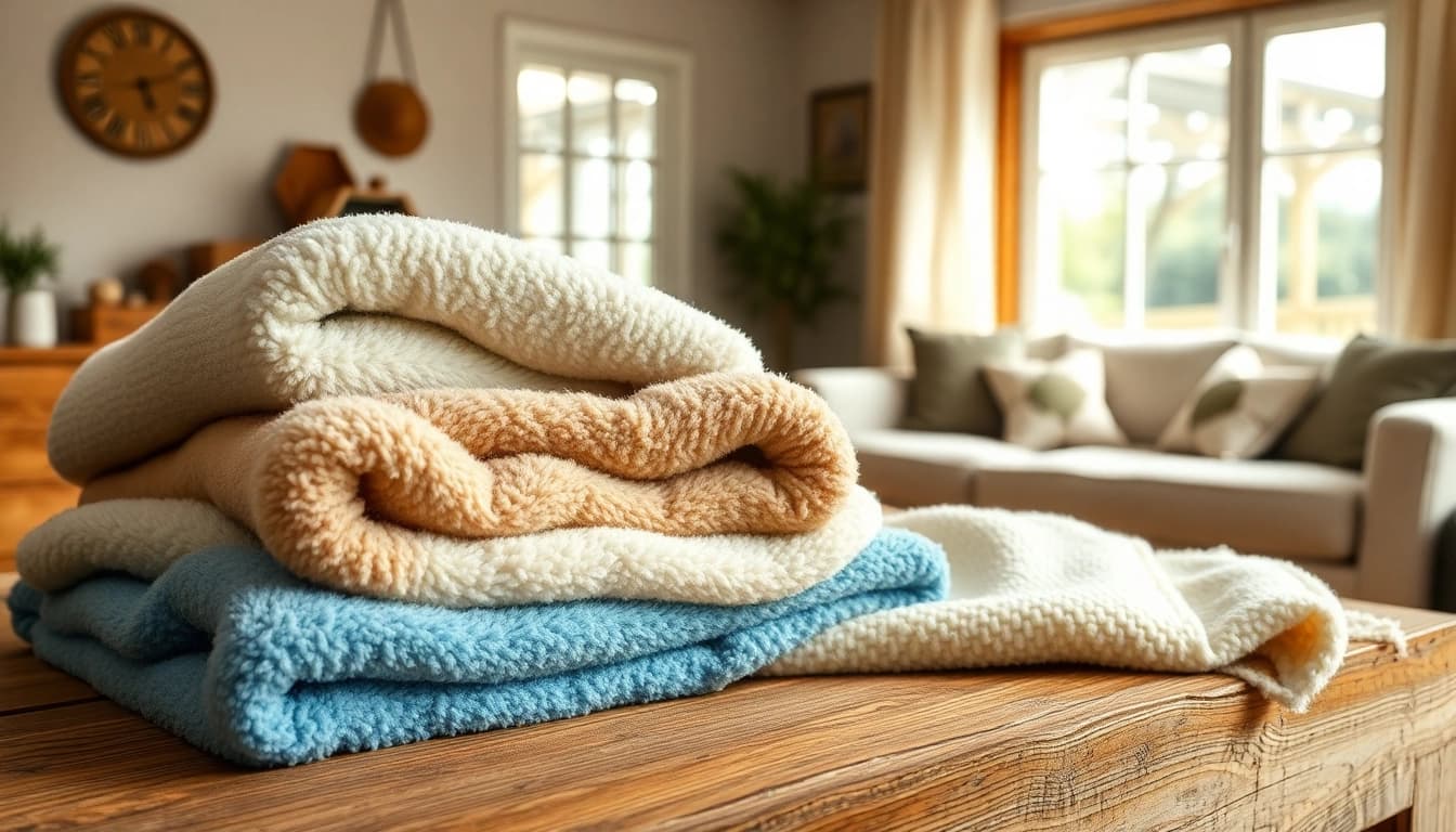 Fleece stof in verschillende texturen en kleuren, ideaal voor een warme en gezellige sfeer.