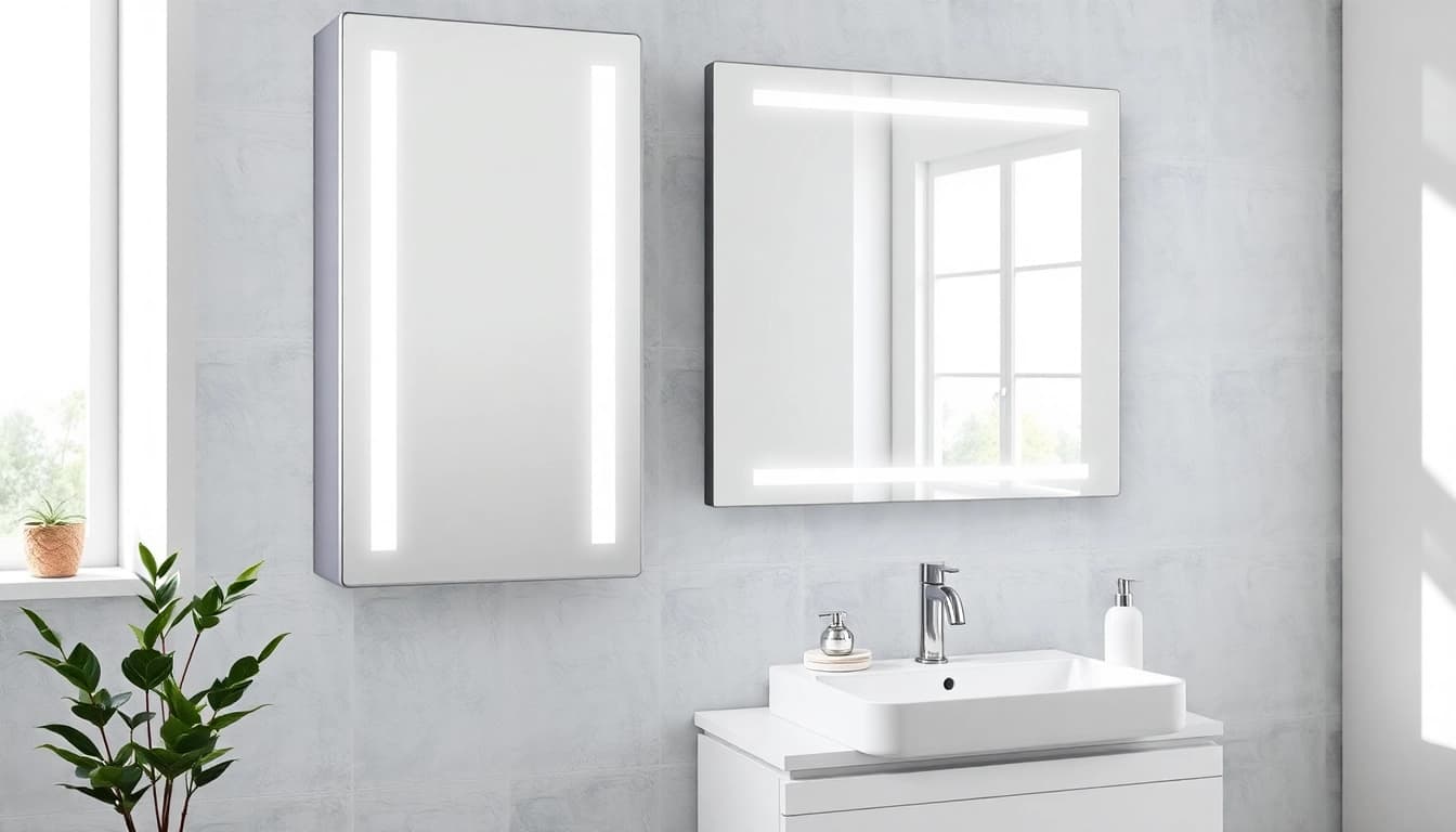 Den hochwertigen sonni Spiegelschrank mit Expertenbeleuchtung im eleganten Badezimmer präsentieren