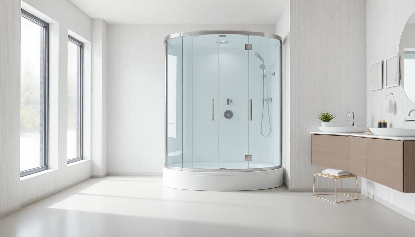 Betrachten Sie die elegante sonni Duschkabine in einem modernen Badezimmer mit Glas- und Chromdetails.