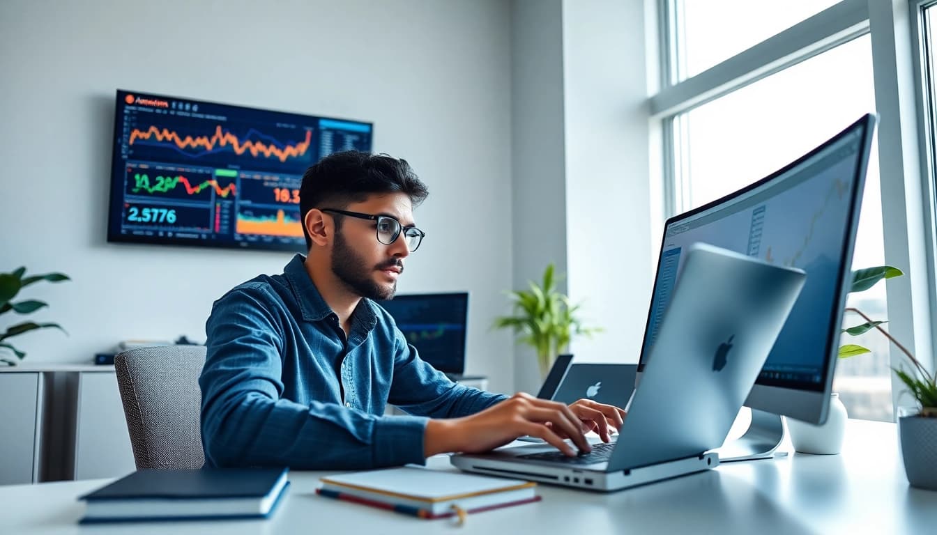 Developer analyzing infosec data with financial charts in a modern workspace