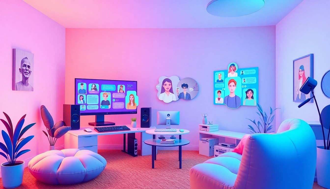 Engaging scene showcasing sex chat AI interactions with diverse characters in a cozy digital environment.