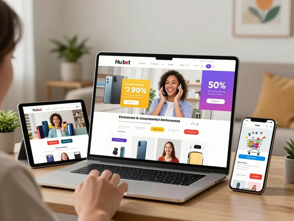 Excited shopper browsing Hu bet online store for sales and new products.