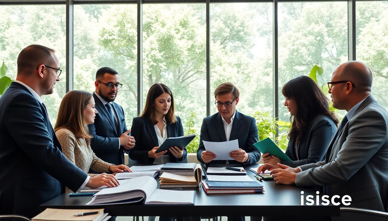 Engaged team at an environmental law firm collaborating in a bright, modern office environment.