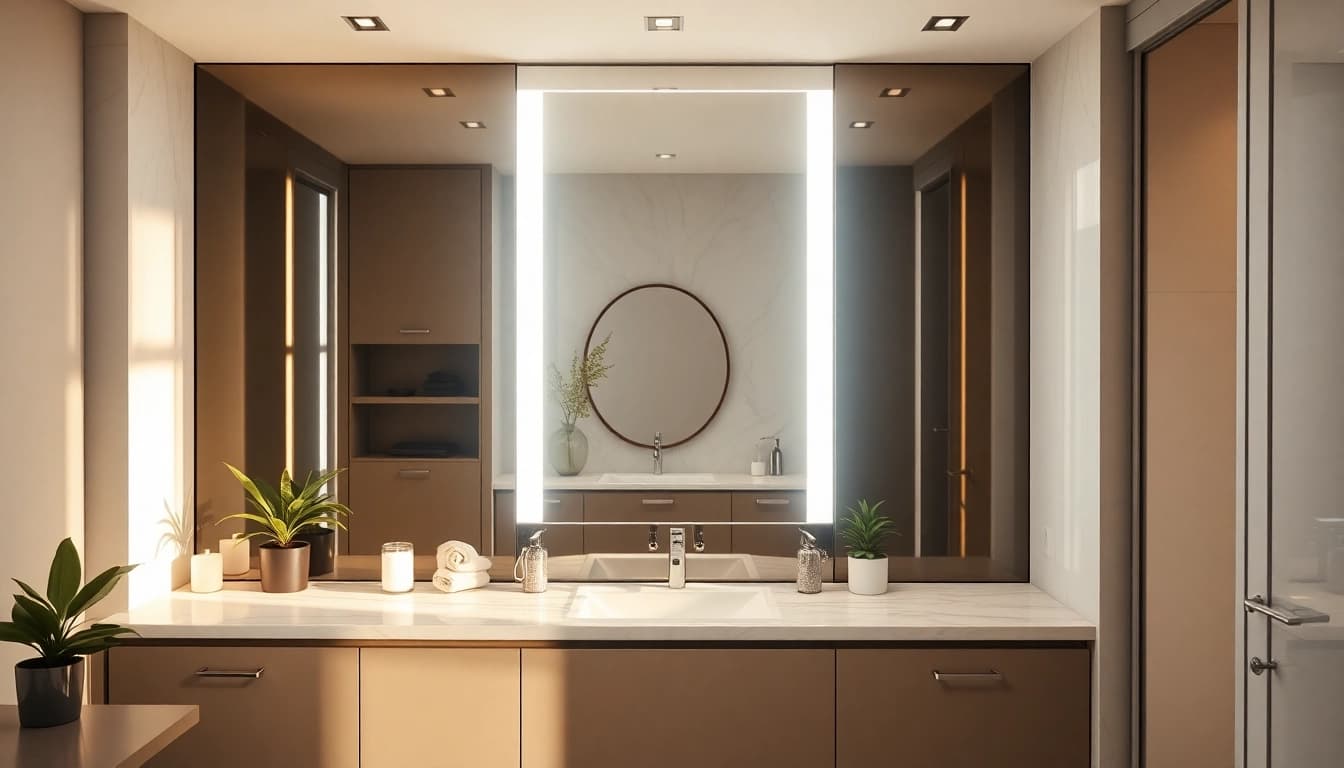 Freshly installed mirror light mirror enhancing a modern bathroom's ambiance with elegant reflections.
