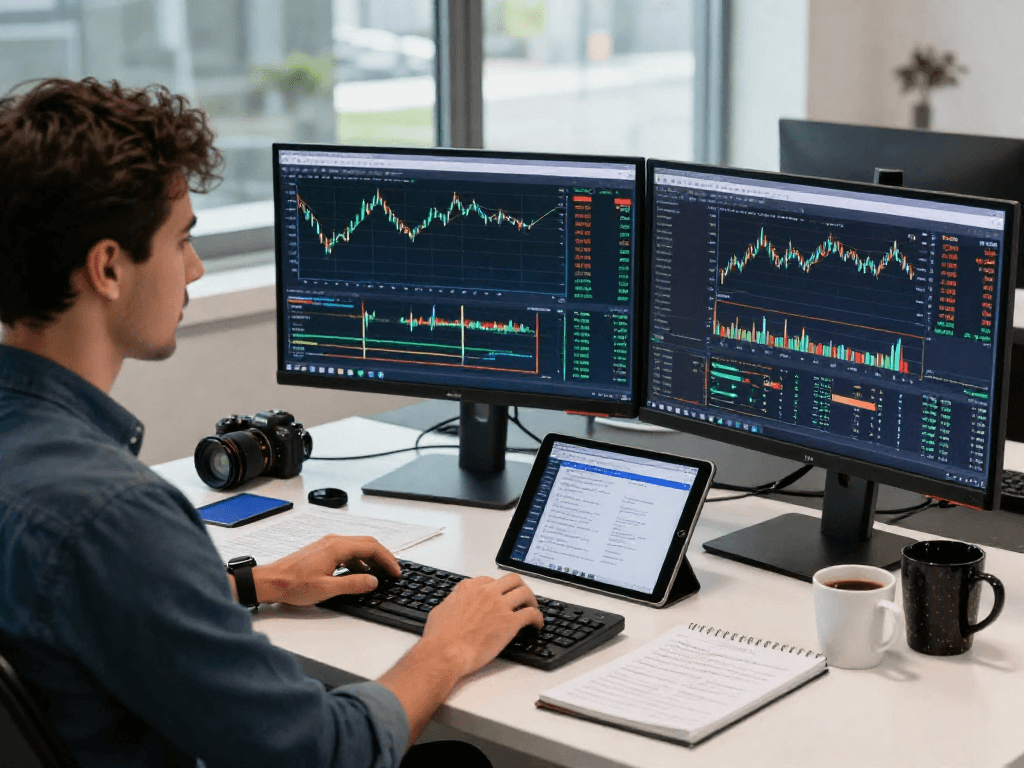 Trader using MetaTrader 5 with multiple screens and charts in a modern office environment.