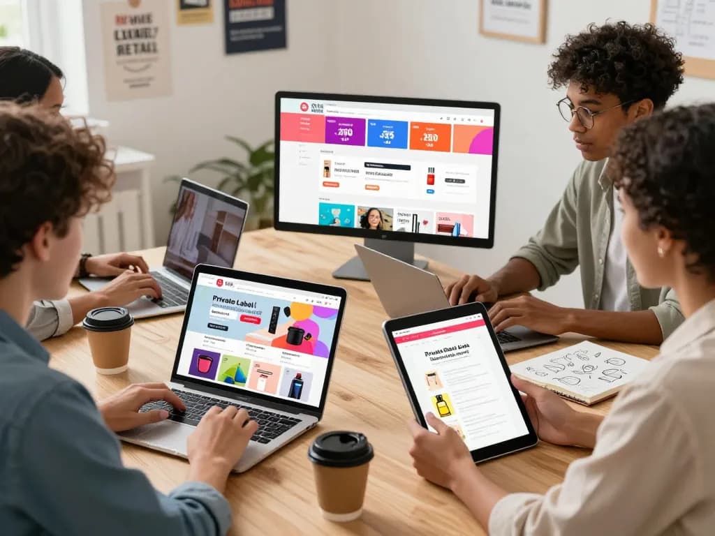 Buy Private Label Rights Products showcased in an engaging online shopping scene with diverse entrepreneurs.