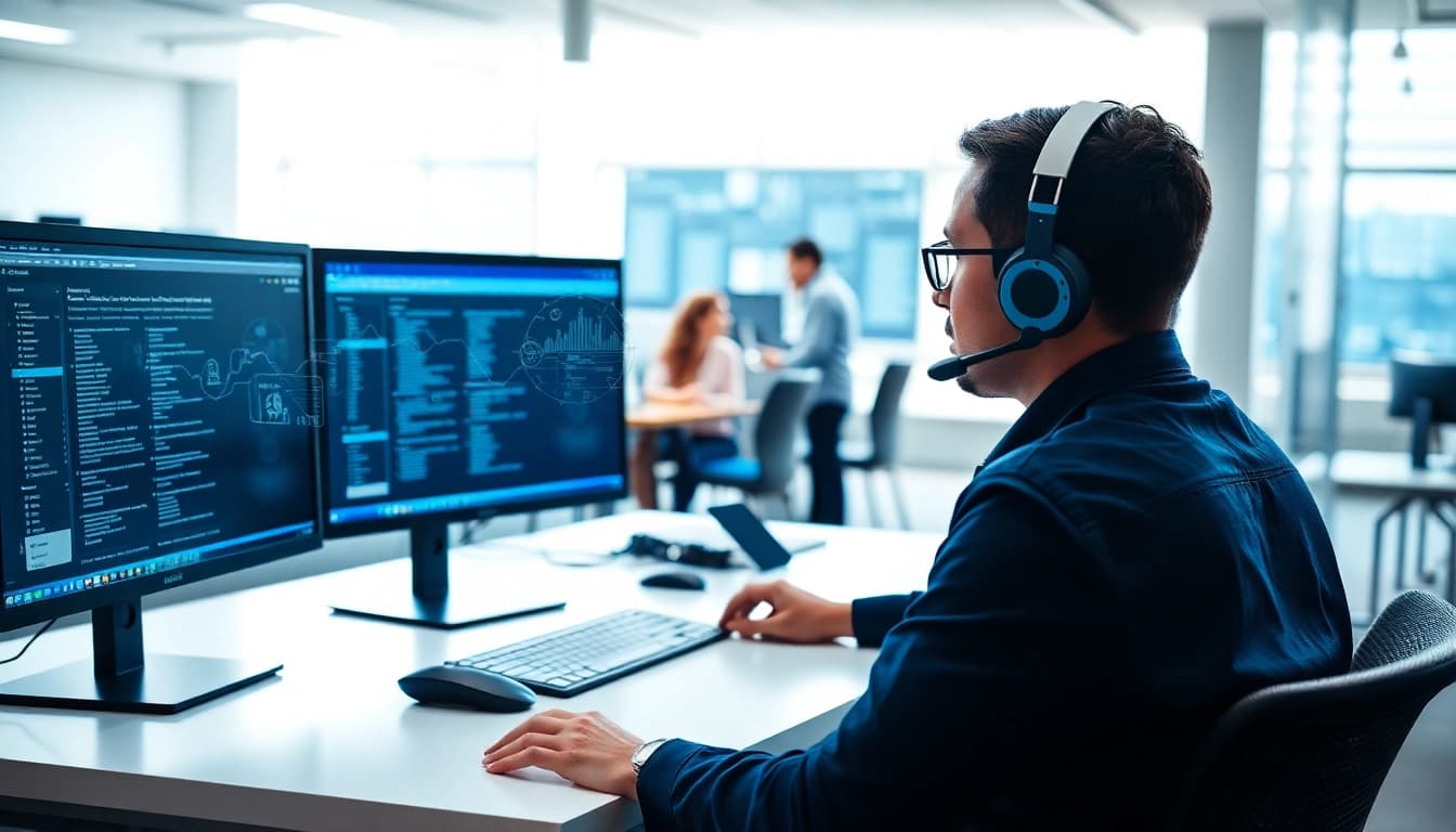 IT Helpdesk Solutions technician managing tasks at a modern office workspace.