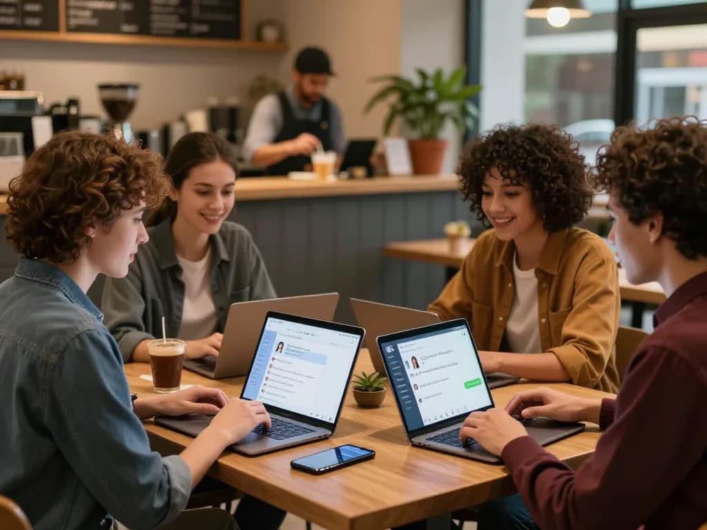 Engaging scene of young adults chatting with AI characters in a cozy café about ai slut, showcasing modern digital interaction.