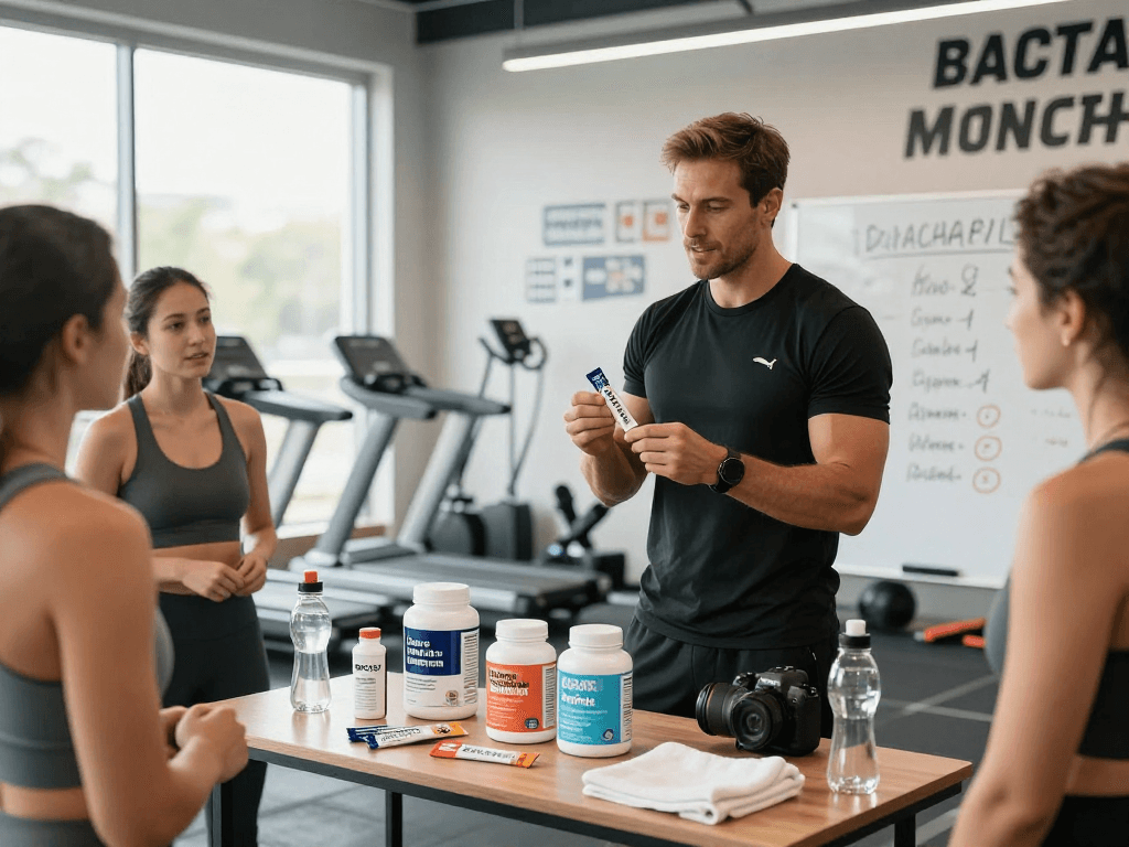 BPC 157 benefits showcased by a fitness coach demonstrating modern buccal strips in a well-lit gym environment.