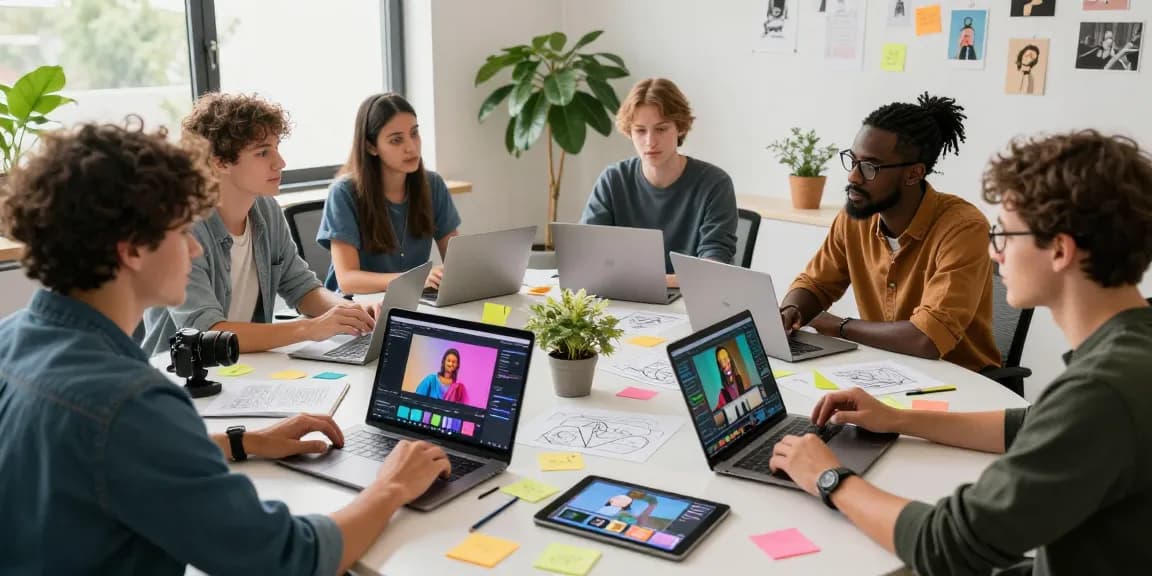 Dynamic creative team using Seedance 2.0 in an innovative workspace, generating AI videos and collaborating effectively.