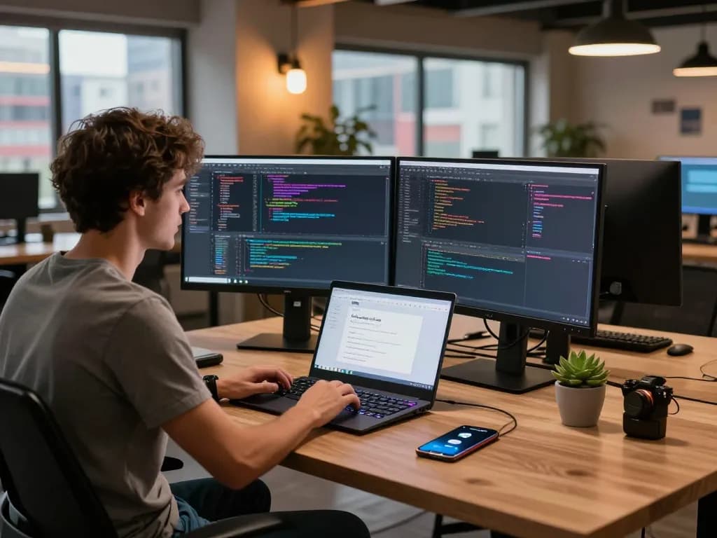 Developer troubleshooting Telegram 下载 in a modern workspace with dual monitors and notifications.