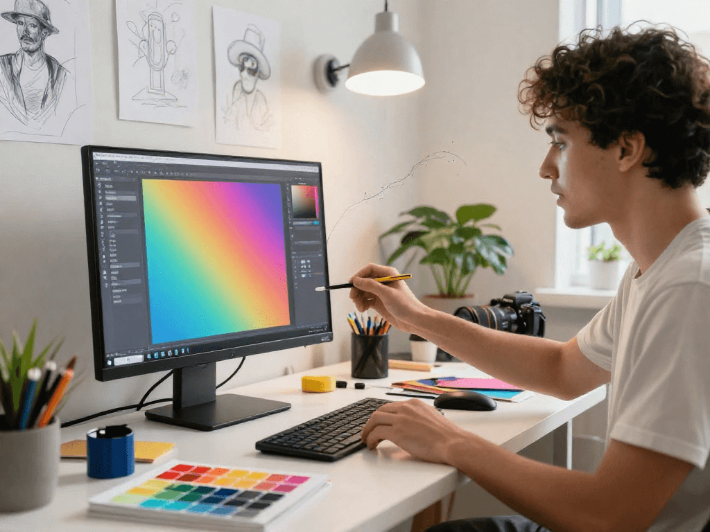 Artist using the paint-bucket tool to fill colors in a digital workspace