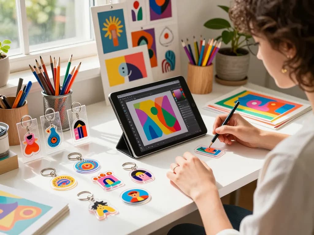 Custom acrylic keychain manufacturer artist designing vibrant keychains in a creative workspace.