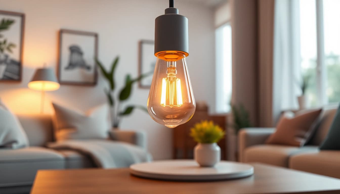 What is an A19 bulb, a stylish light source illuminating a cozy living room setting.