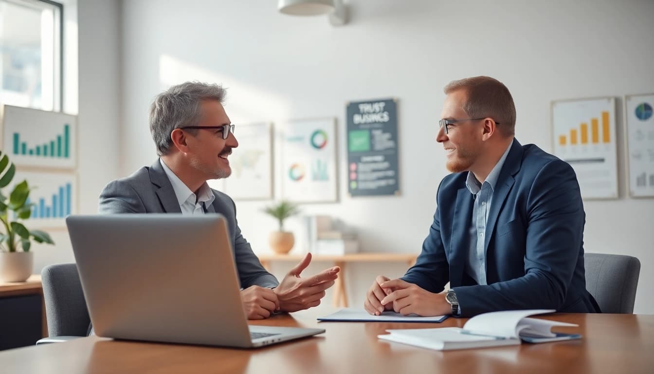 Engaging business coaching service session with a professional coach and business owner.