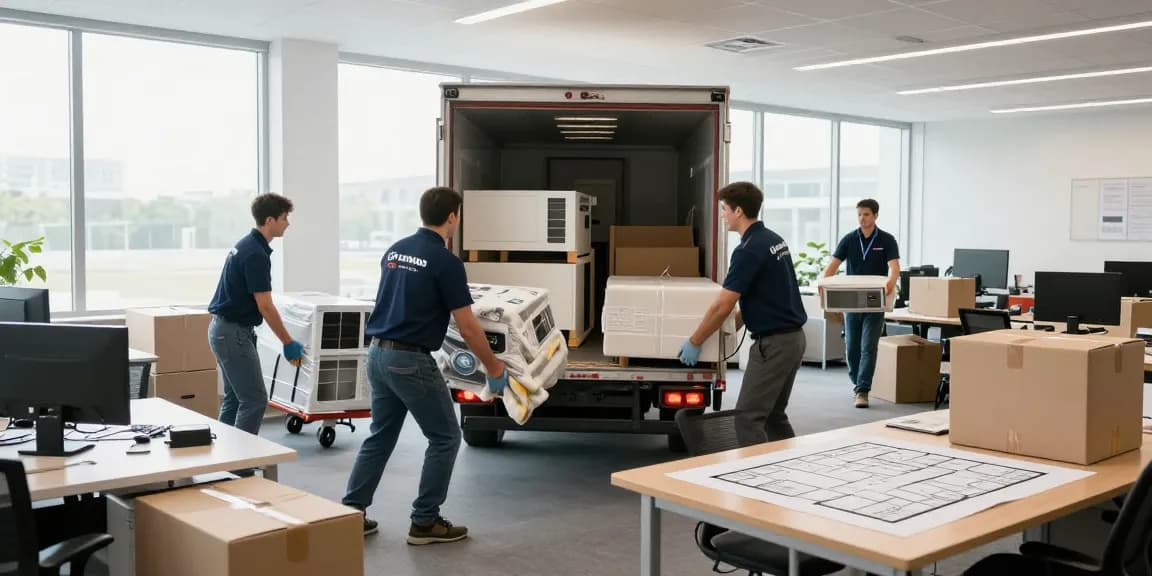 Commercial movers loading furniture and equipment during a professional office relocation, ensuring safe transport and efficiency.