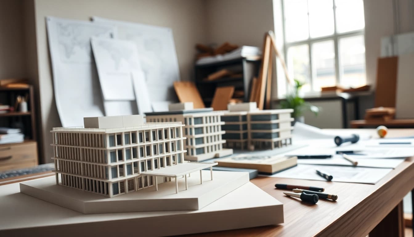 Arbeiten an architekturmodellbau Gelsenkirchen mit detaillierten Modellen auf einem Holzarbeitsplatz.