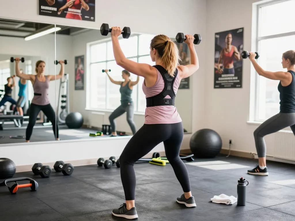 Woman utilizing a fivali back brace posture while weightlifting in a sunlit gym.