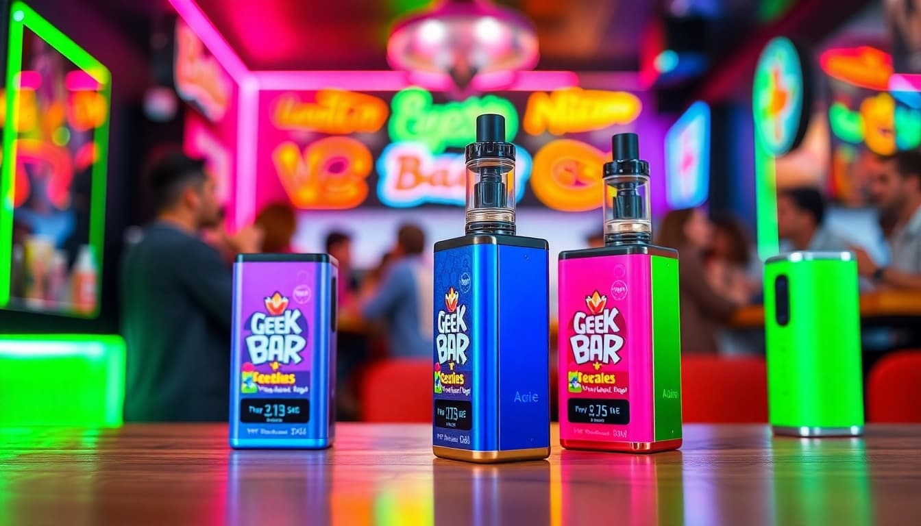 Showcase of geek bar flavors including colorful vape devices in a vibrant setting.