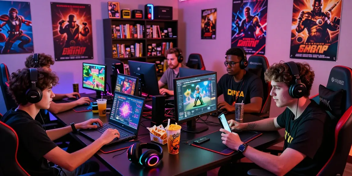 Engaged gamers playing html porn games on diverse devices in an immersive gaming setup.