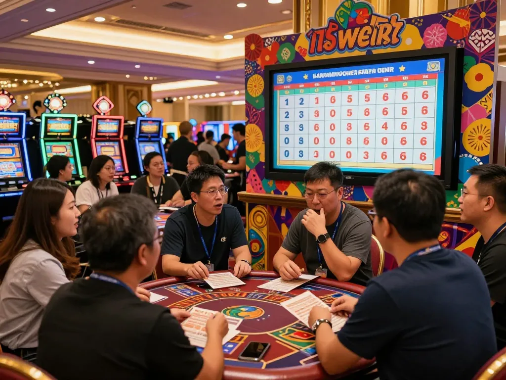Acara undian langsung Toto Macau dengan kerumunan yang antusias terlibat dalam suasana kasino yang hidup.
