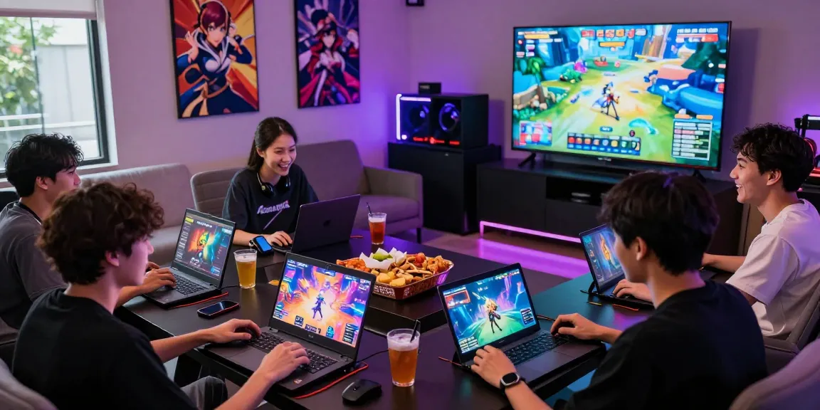 Diverse group enjoying hentaigame in a vibrant gaming lounge environment with multiple devices.