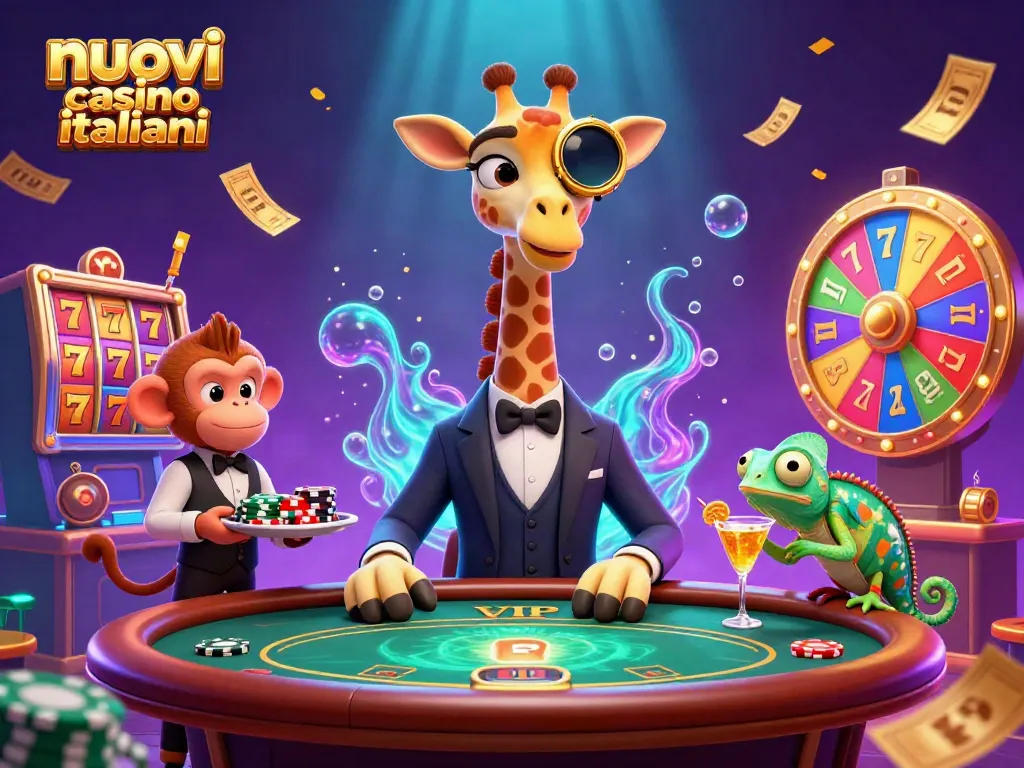 Scopri i nuovi casino italiani con un'illustrazione vivace che mostra la giraffa giocatore, un valet e un bartender.