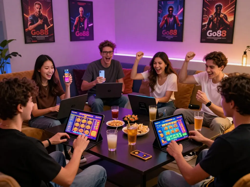 Engaging players enjoying Go88 gaming platform in a lively lounge atmosphere.
