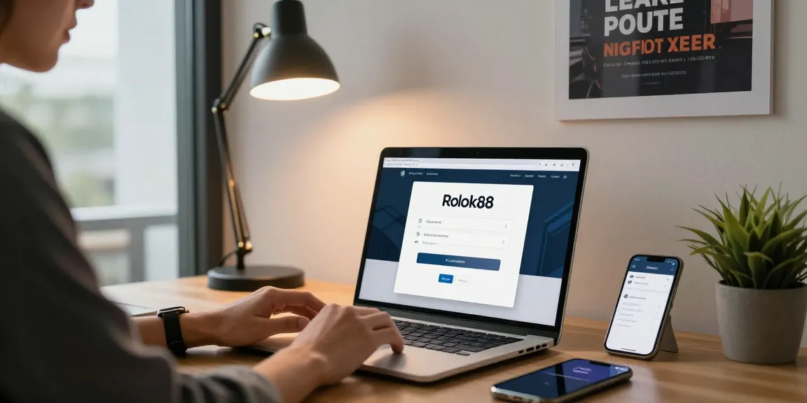 User engaged in rokok88 login process at a modern workspace, laptop and smartphone displaying notifications.