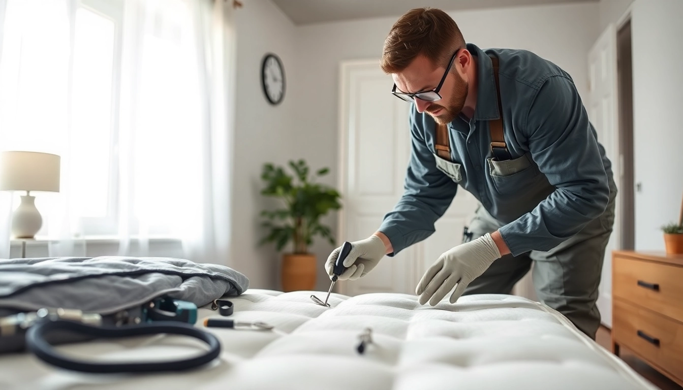 Inspecting bed bug services near me in a clean bedroom environment, highlighting professional pest control.