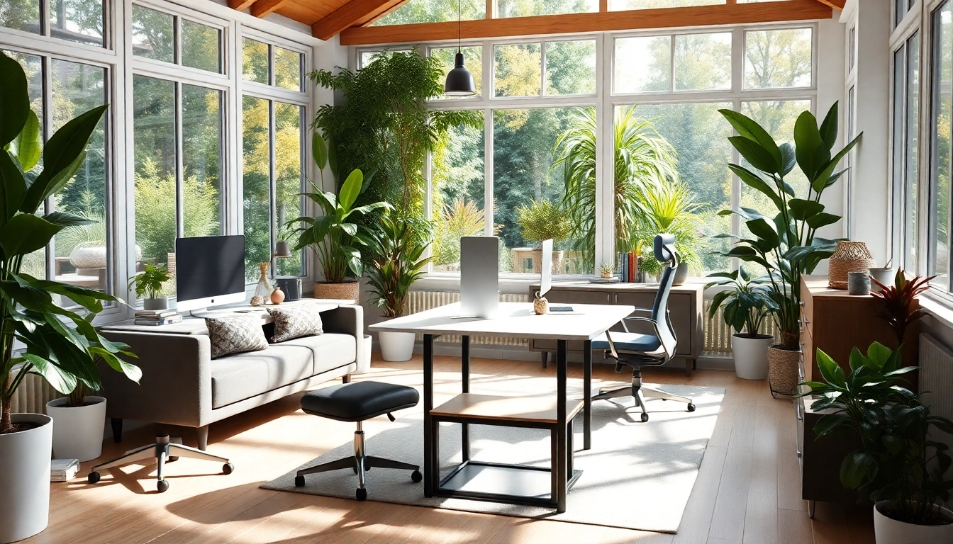 Wintergarten als Buero mit modernem Home-Office-Setup und viel natuerlichem Licht.