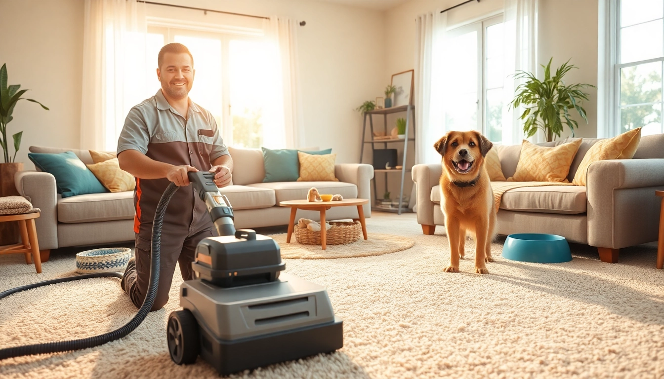 Engage in effective pet odor carpet cleaning with a professional technician in a cozy living room.