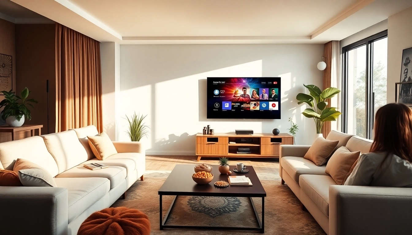 Engaging living room showcasing iron iptv on a smart TV, inviting decor and setup for family entertainment.