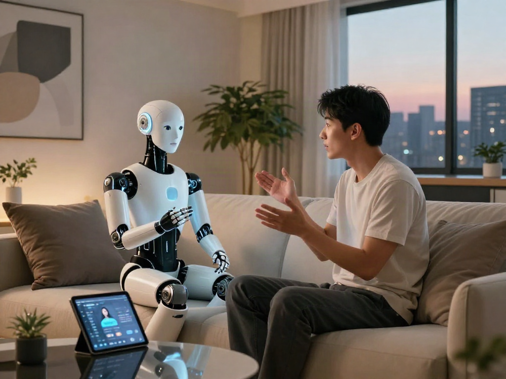 Engaging with a humanoid sex bot in a stylish living space, showcasing AI companionship.