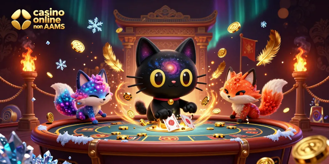 Gioca in un casino online non AAMS con il gatto buco nero e la volpe nebulosa mentre attraggono fiches d'oro e carte.