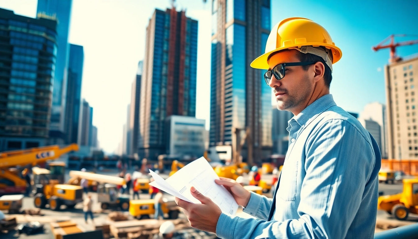 New York City Construction Manager supervising a vibrant construction site with engaging workers and blueprints.