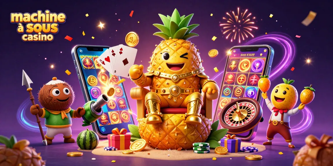 Jouez à la machine à sous casino avec le roi ananas et les gardes en arrière-plan.