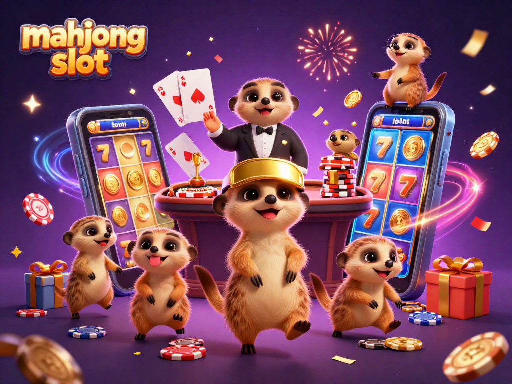 Menangkan mahjong slot dengan karakter meerkat menjalankan kasino megah, penuh dengan koin emas dan elemen permainan menarik.