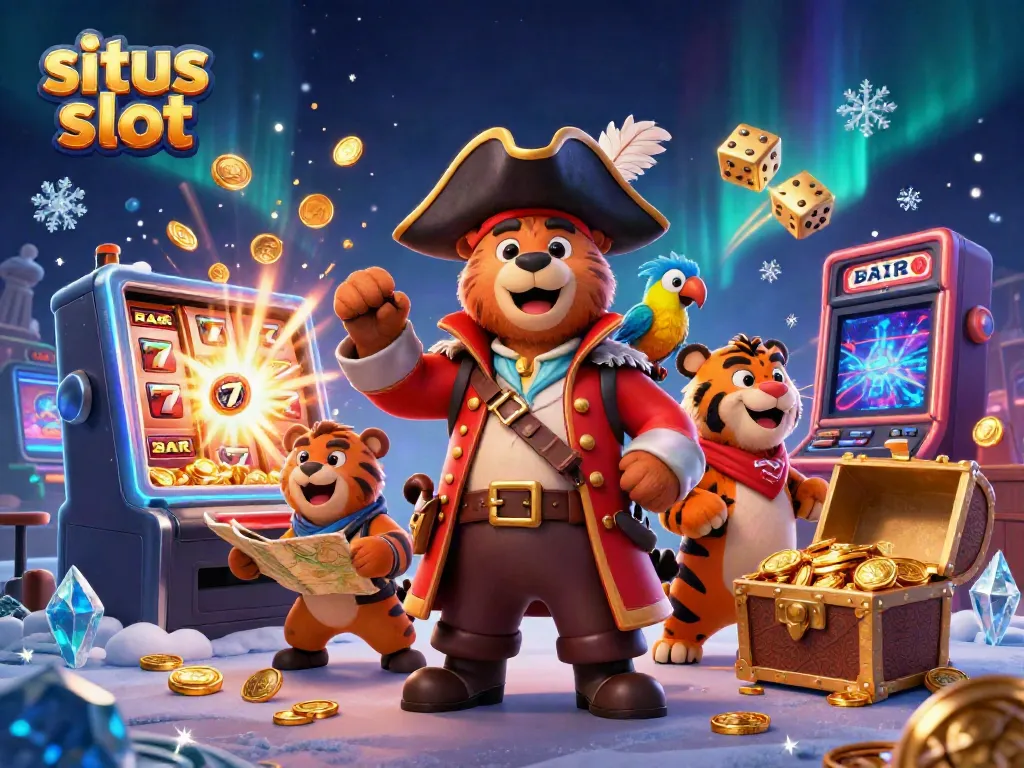 Experience excitement with situs slot as a cartoon pirate party erupts from a jackpot.